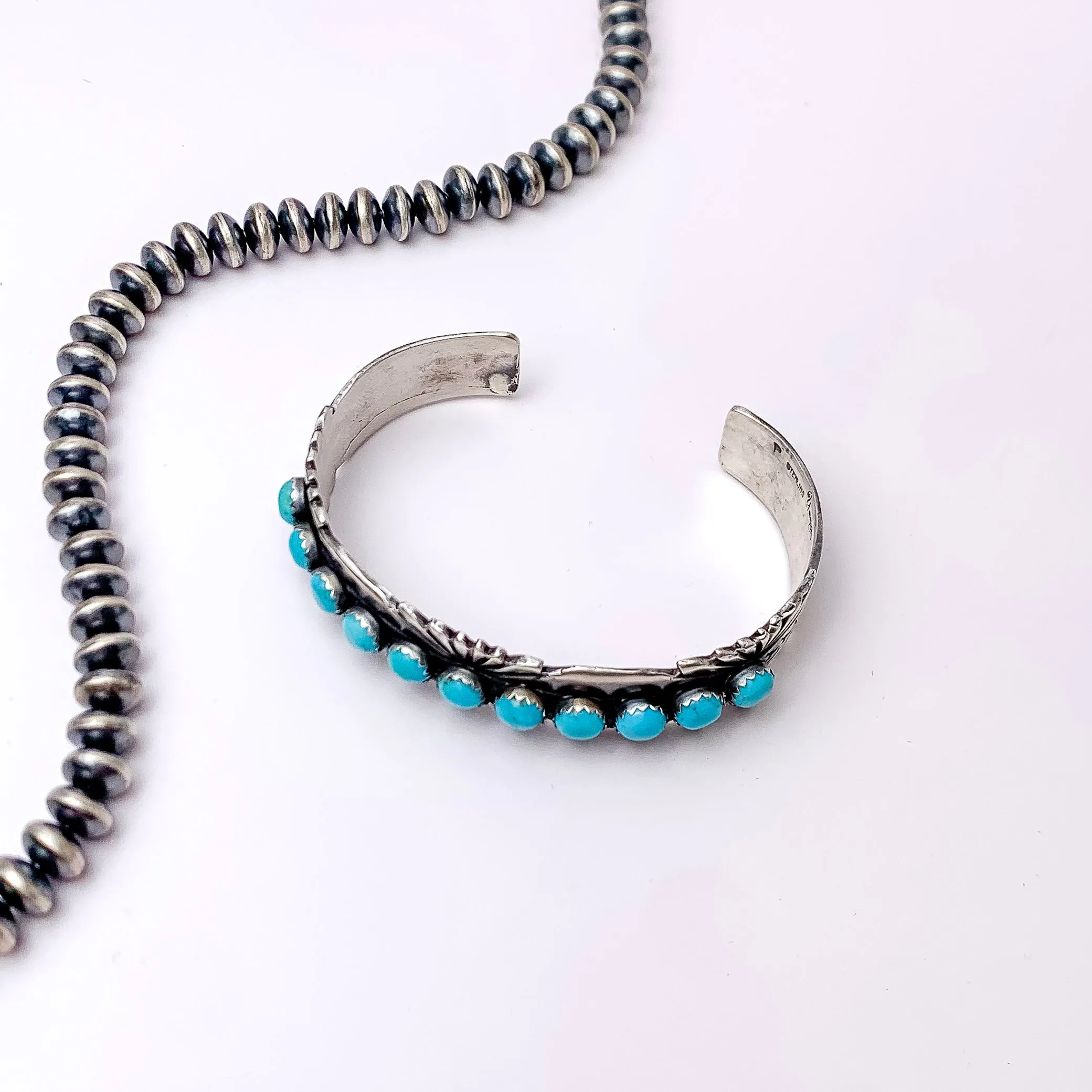 P Yazzie | Navajo Handmade Sterling Silver Cuff With Eleven Small Turquoise Stones