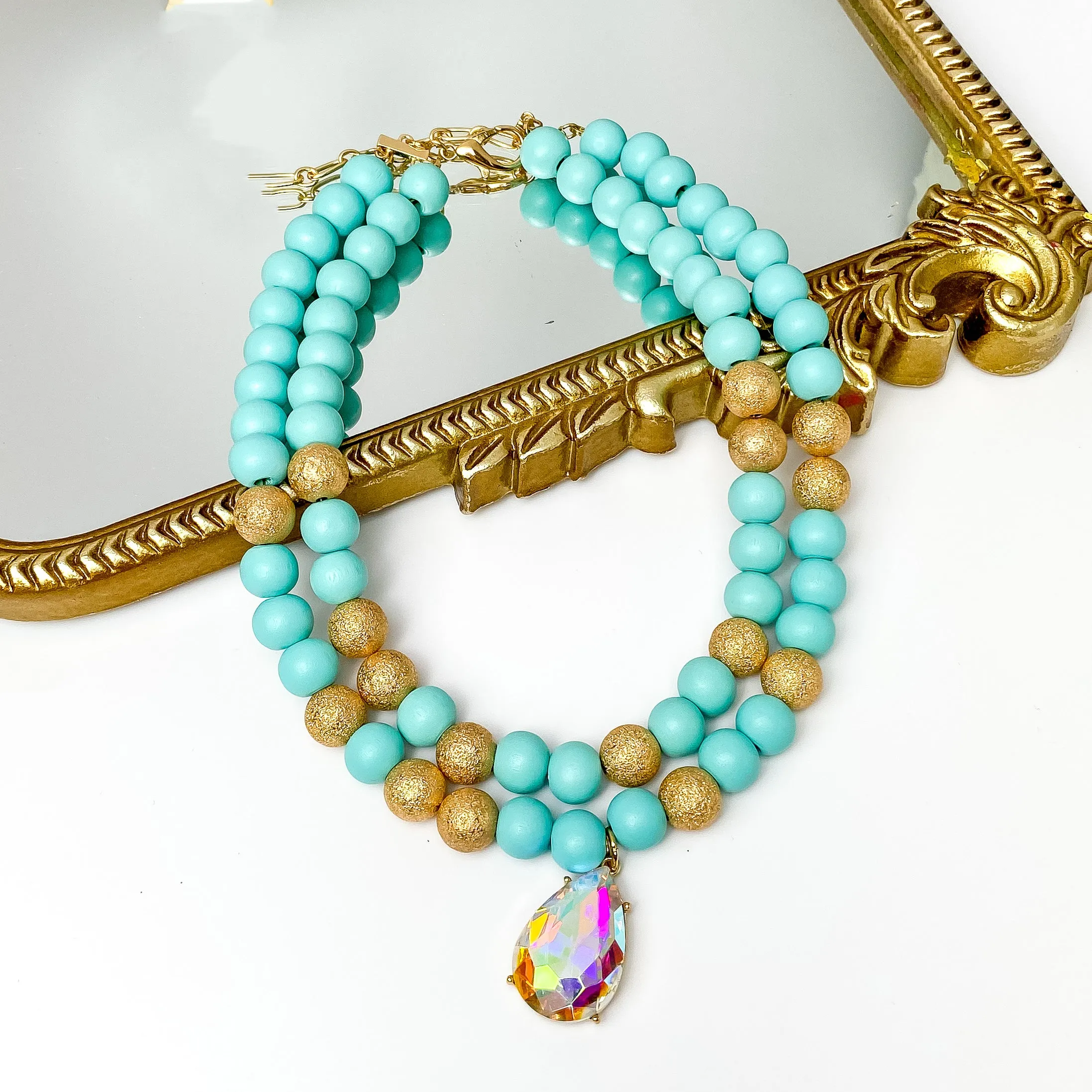 Pink Panache | Two Strand Turquoise and Gold Tone Beaded Necklace with Large AB Crystal Teardrop