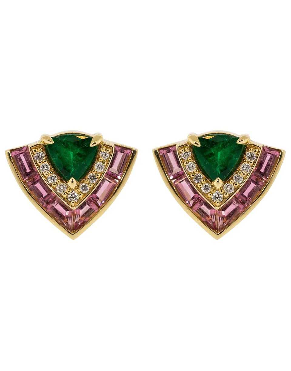 Pink Sapphire, Emerald, and Diamond Tiered Stud Earrings