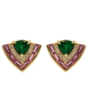 Pink Sapphire, Emerald, and Diamond Tiered Stud Earrings