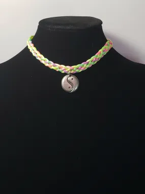 Rainbow / Multi Color Nylon Choker with Metal Yin Yang Pendant, Adjustable 12.5"-14.5" with Silvertone Chain & Clasp