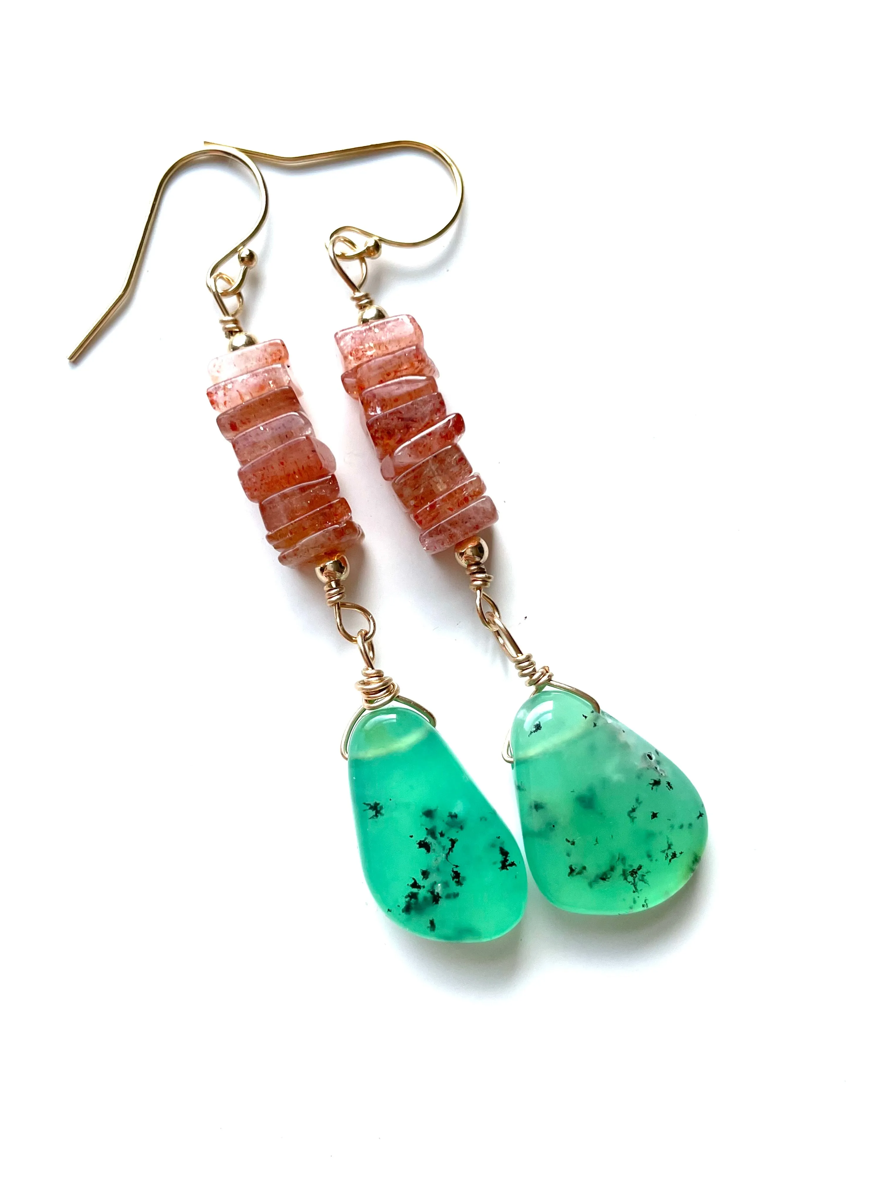 Raw Crystal Earrings - Sunstone and Chrysoprase Gold Filled