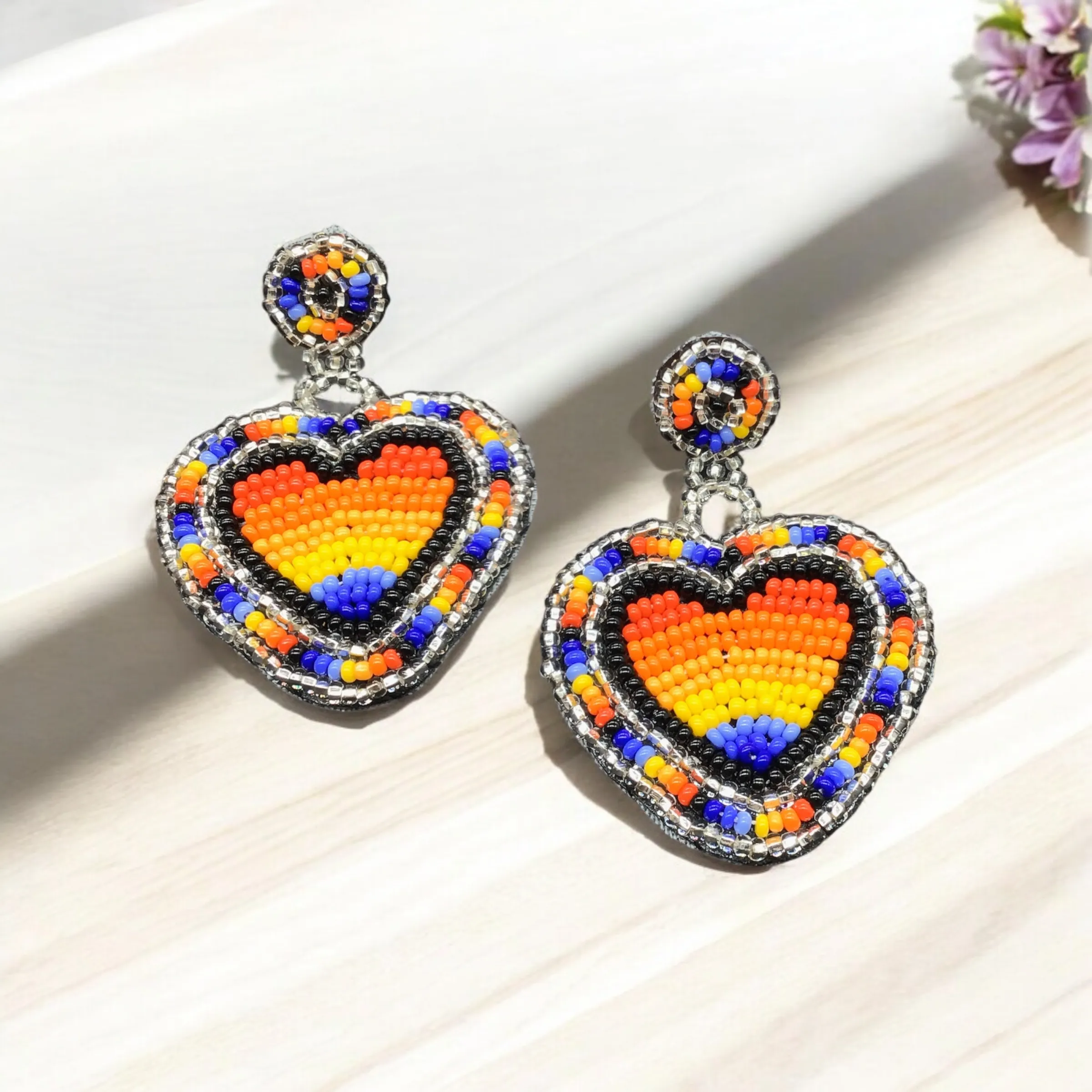 Red and Blue Heart Beaded Earrings