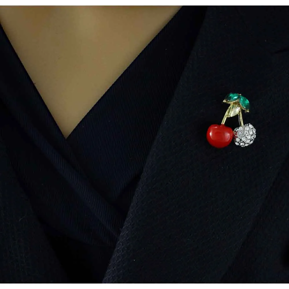 Red Enamel and Crystals Cherries Brooch Pin - PRF609C