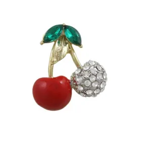 Red Enamel and Crystals Cherries Brooch Pin - PRF609C