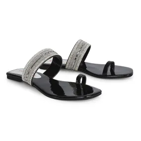 Rogan Strappy Slip on Toe Post Ring Diamante Flat Sandal Sliders in Black