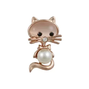 Rose Gold Pearl Belly and Pink Cats Eye Cat Brooch Pin - PRC401