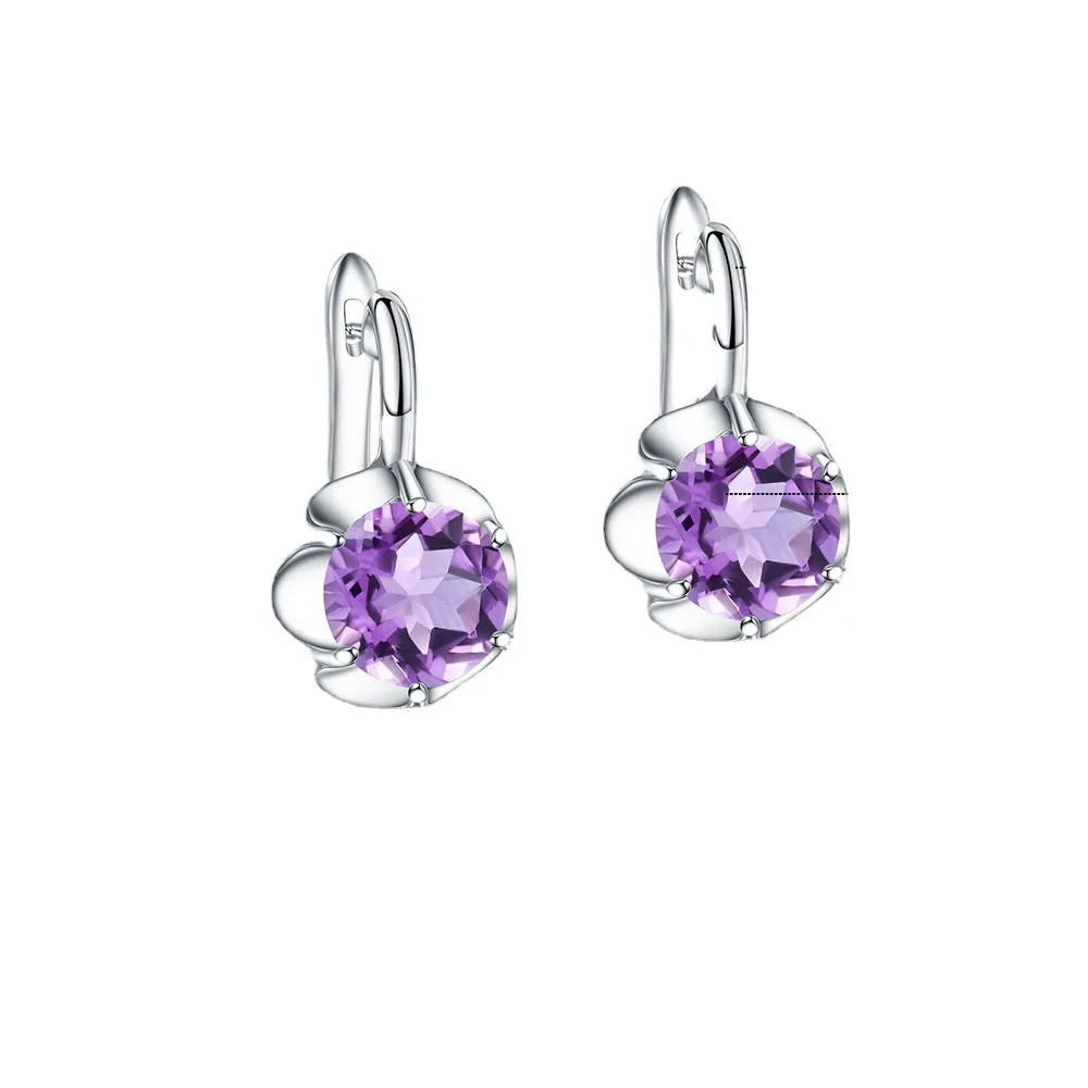 Round Cut Gemstone Flower Silver Stud Earrings