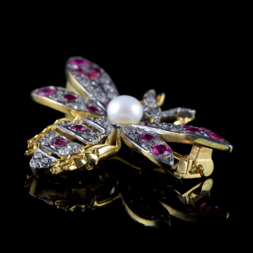 Ruby Diamond Pearl Insect Brooch 18Ct Gold Silver