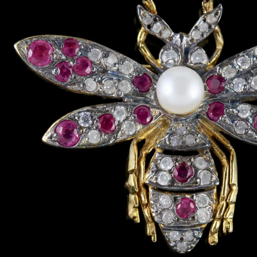 Ruby Diamond Pearl Insect Brooch 18Ct Gold Silver