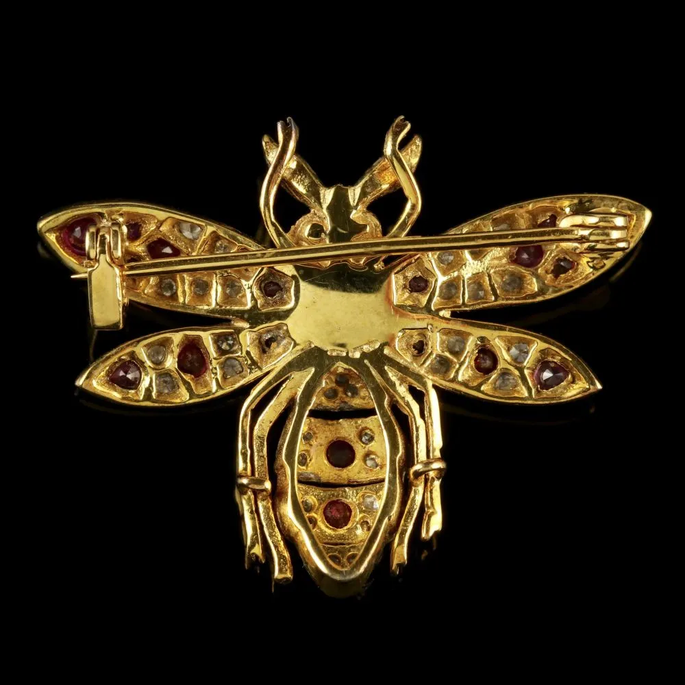 Ruby Diamond Pearl Insect Brooch 18Ct Gold Silver