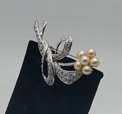 Sterling Silver and Pearls Floral Brooch