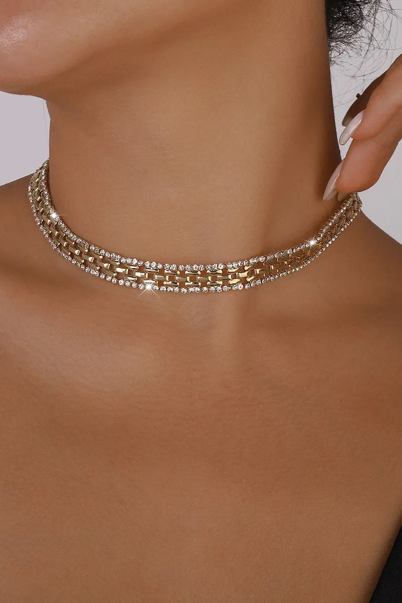 Thick Rhinestone Watch Chains Choker Necklace- Gold or Silver