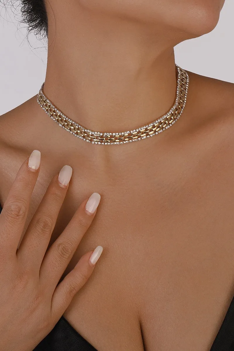 Thick Rhinestone Watch Chains Choker Necklace- Gold or Silver