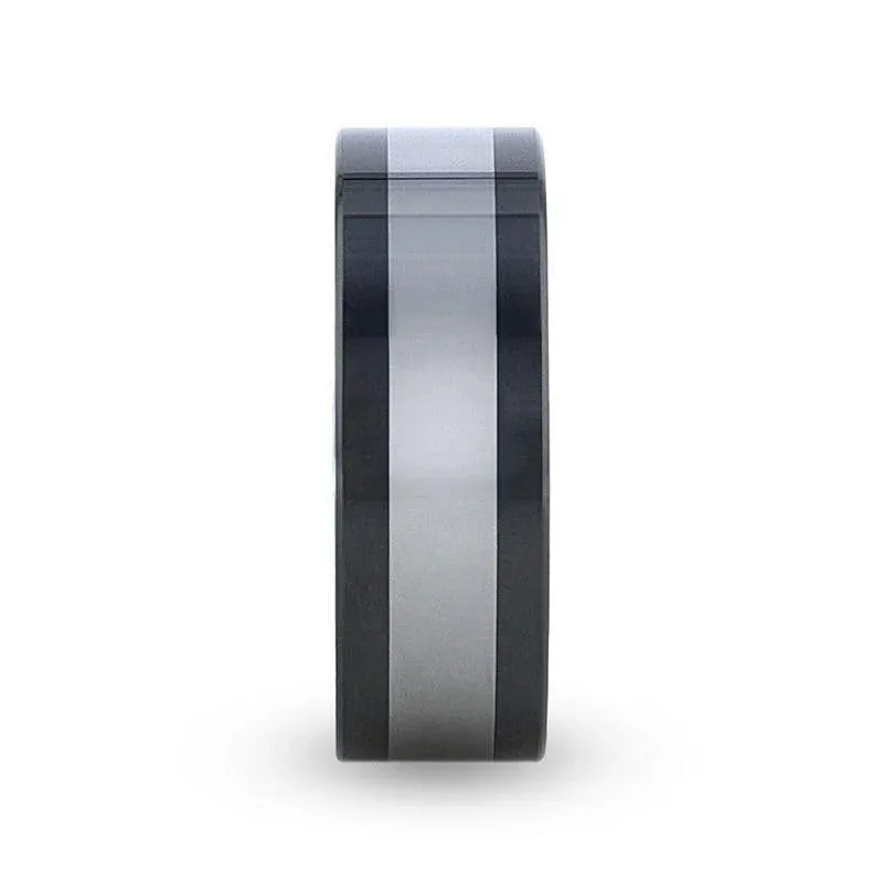 Thorsten Huskey Ceramic Wedding Band w/ Tungsten Inlay & Flat Polished Edges (8mm) W8995-SCIP