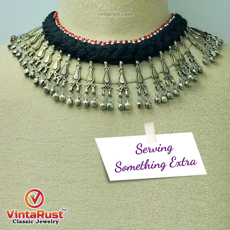 Tribal Black Vintage Choker Necklace With Dangling Bells