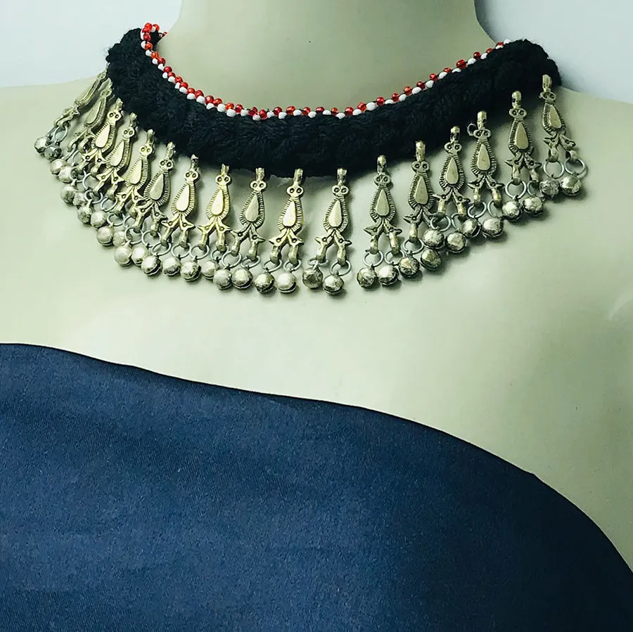 Tribal Black Vintage Choker Necklace With Dangling Bells