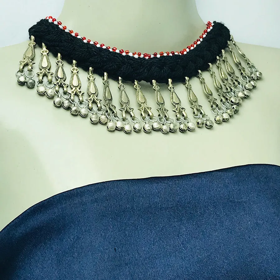 Tribal Black Vintage Choker Necklace With Dangling Bells