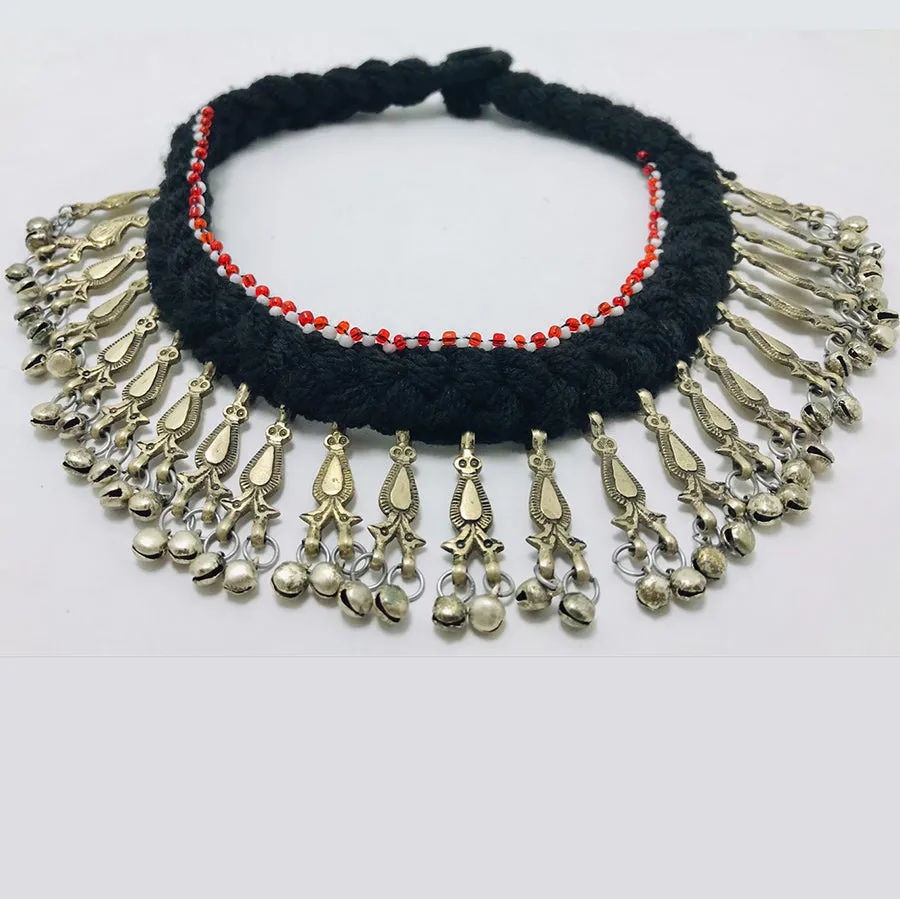 Tribal Black Vintage Choker Necklace With Dangling Bells