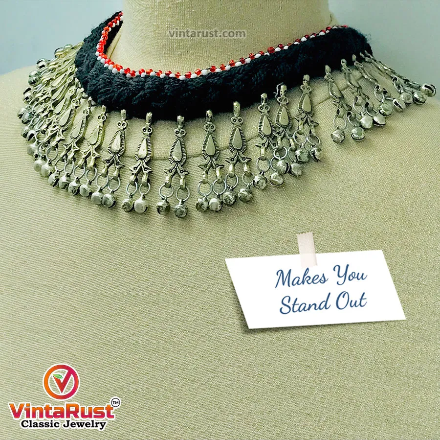 Tribal Black Vintage Choker Necklace With Dangling Bells