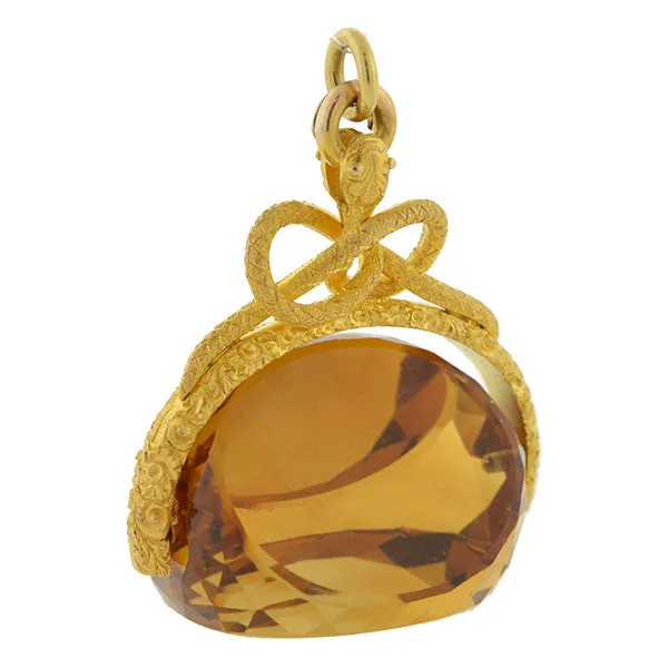 Victorian Huge 18kt Faceted Citrine & Snake Spinner Fob