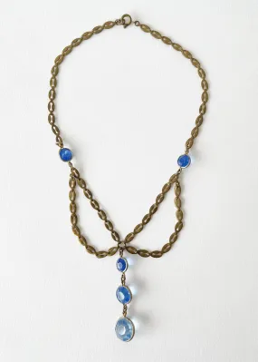 Vintage 1930s Blue Crystal and Brass Necklace