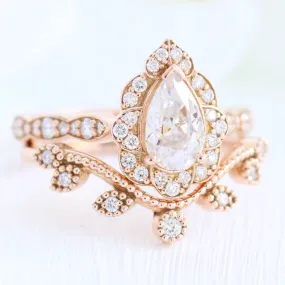 Vintage Floral Pear Ring Bridal Set w/ Moissanite and Curved Leaf Diamond Band