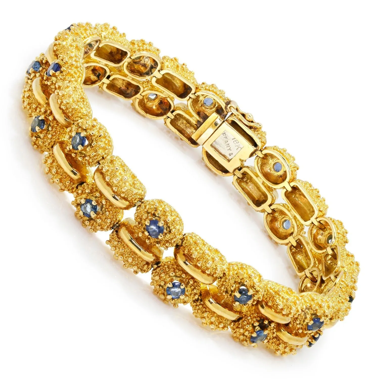 Vintage Tiffany & Co Sapphire Bracelet in Textured 18K Gold with Box