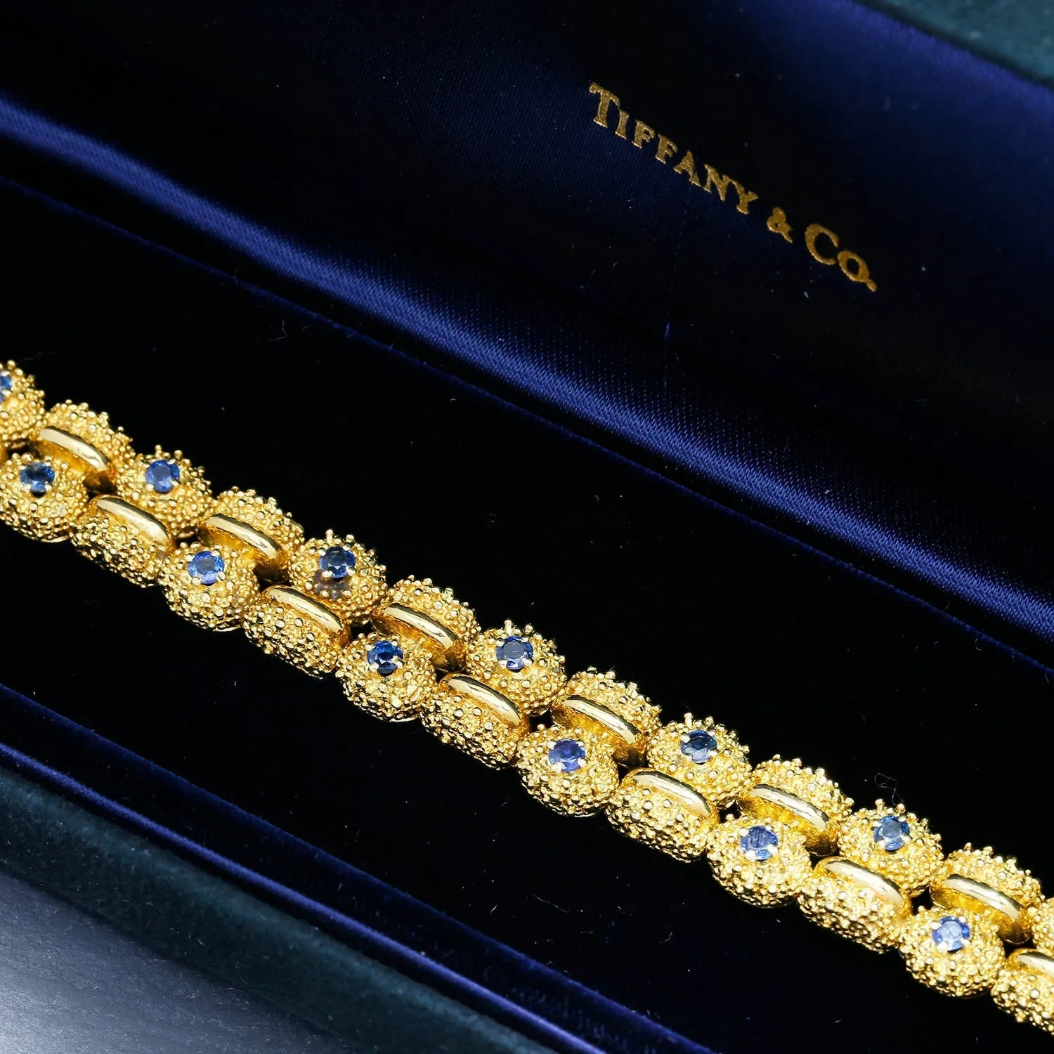 Vintage Tiffany & Co Sapphire Bracelet in Textured 18K Gold with Box