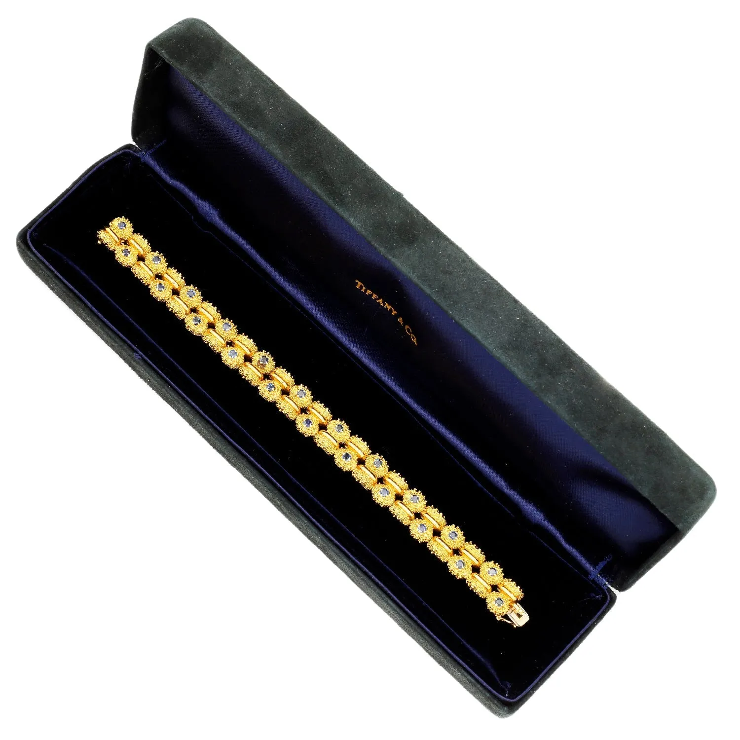 Vintage Tiffany & Co Sapphire Bracelet in Textured 18K Gold with Box