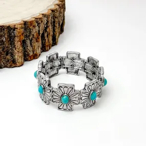 Western Cross Bracelet with Turquoise Center Stones in Silver Tone