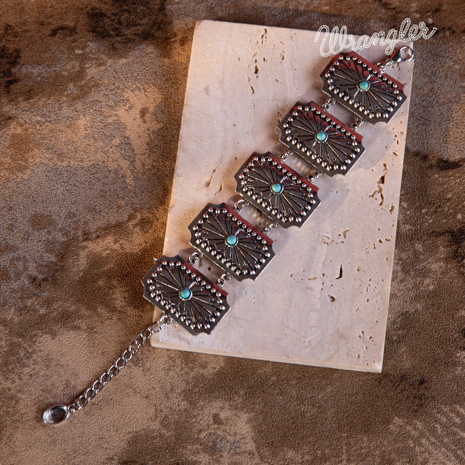 WGW-1003  Wrangler  Silver  Chain Concho Cuff Bracelet Turquoise  Stone - Turquoise