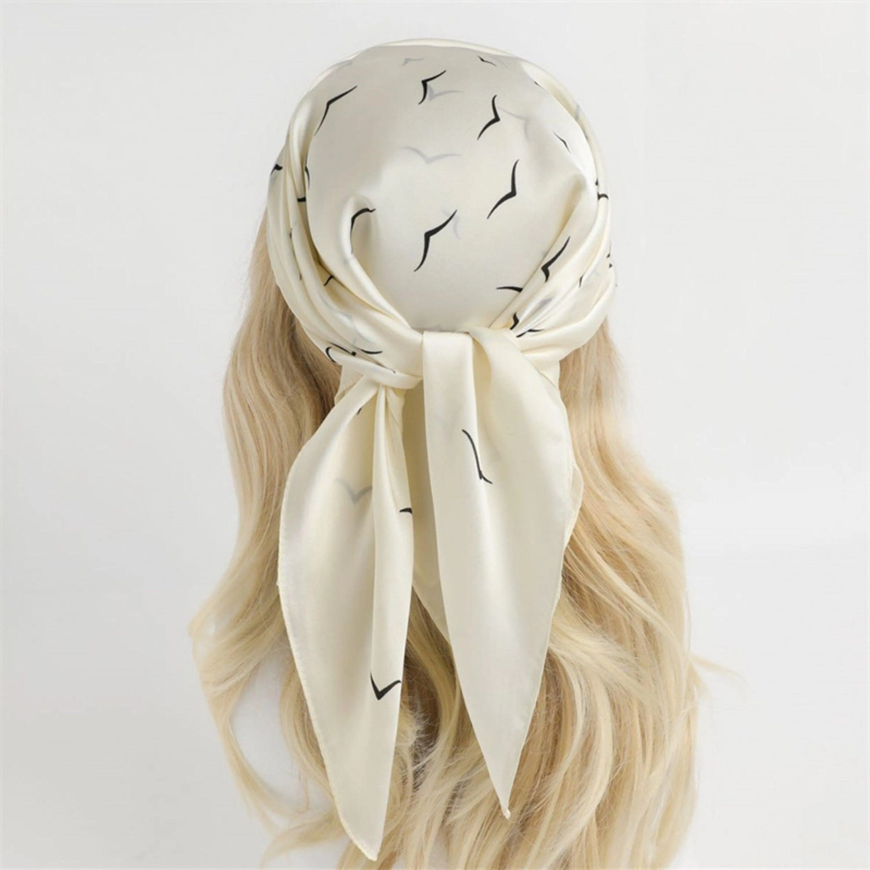 White Seagull Pattern 70cm square scarf, Silk textured scarf, Sun protection satin scarf, Neck scarf, Satin Shawl, Gift