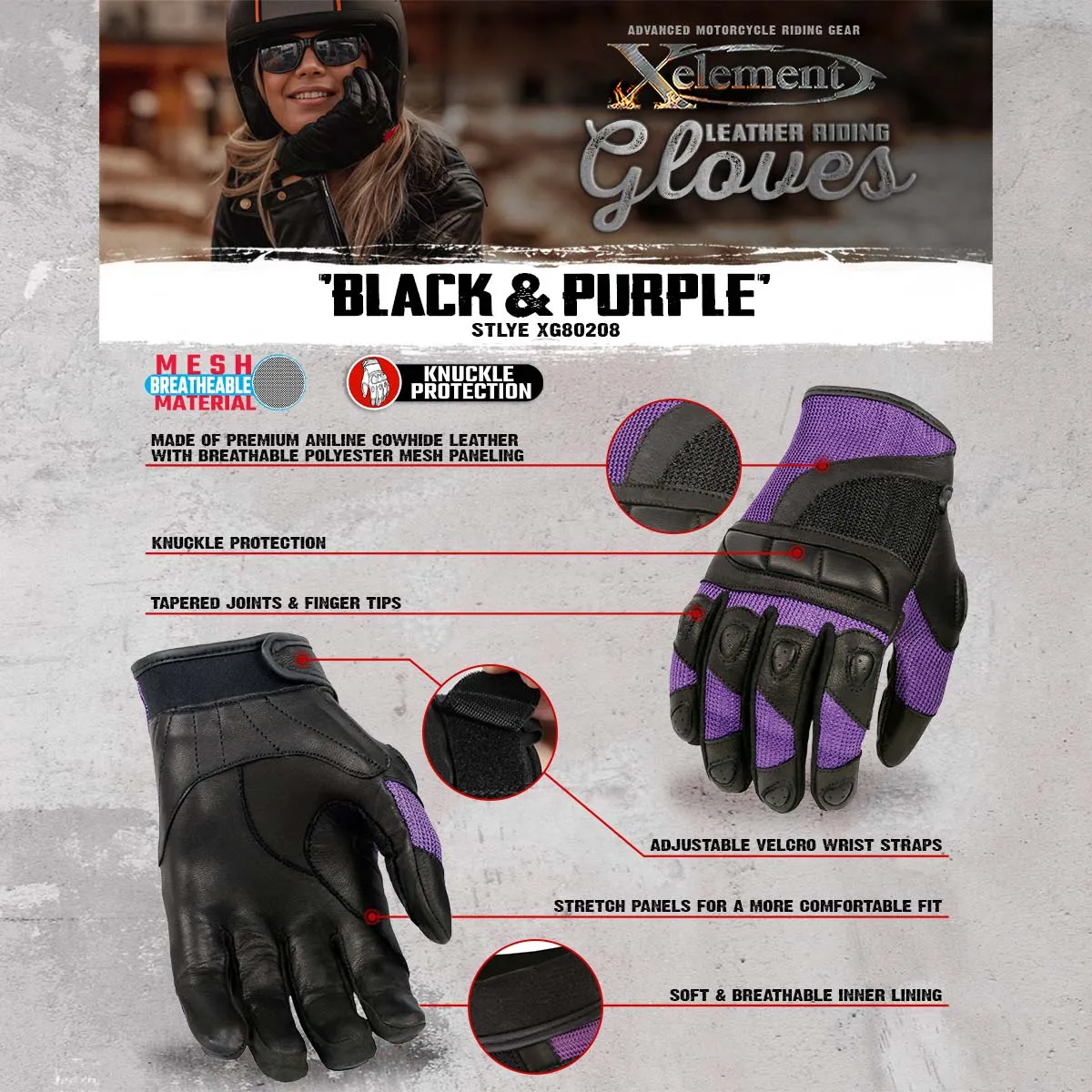 Xelement XG80208 Women's Black and Purple Mesh Cool Rider Motorcycle Gloves